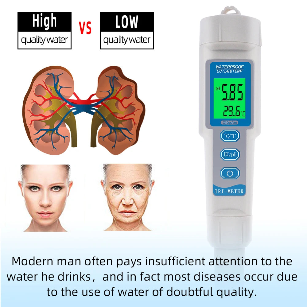 3-in-1 Waterproof Digital PH EC Temp Meter 0.01 with Auto Temperature Compensation for Aquarium