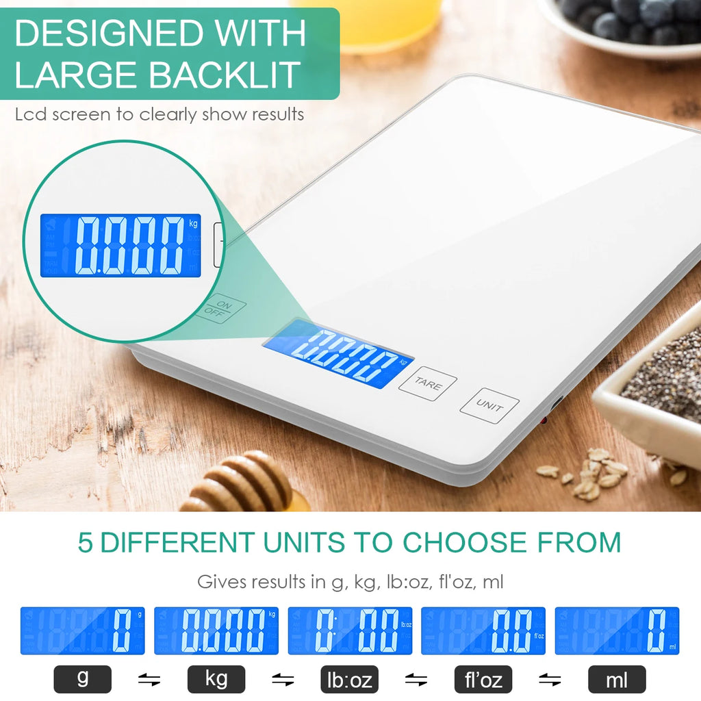 Digital Kitchen Scale 1g-10kg Waterproof Tempered Glass High Accuracy Multi-Function