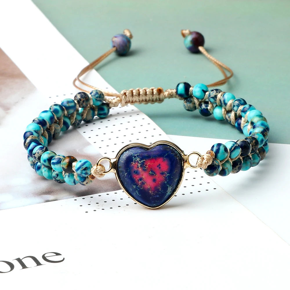 CowLost | badge-pass-holders-natural-stone-heart-shape-charm-bracelet-unisex-adjustable |2