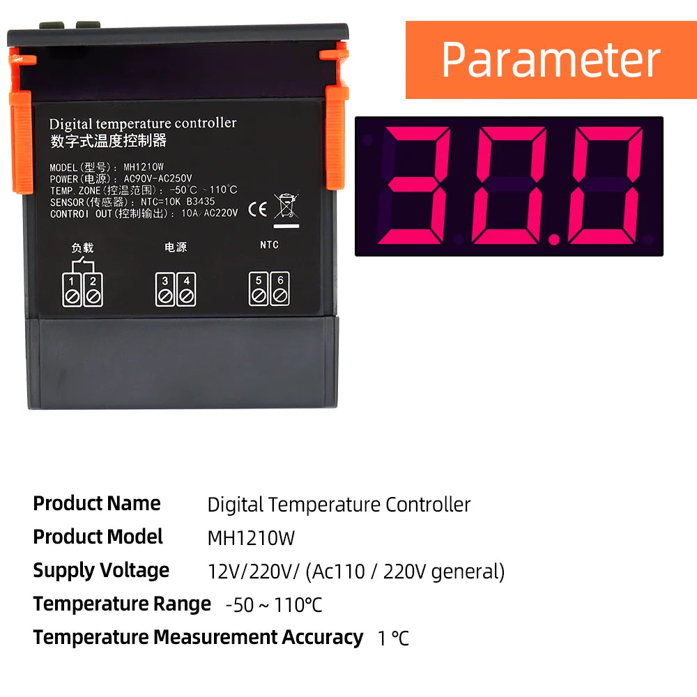 MH1210W Temperature Controller Thermostat -50~110°C NTC Sensor DC12V/24V AC110-220V for Incubator