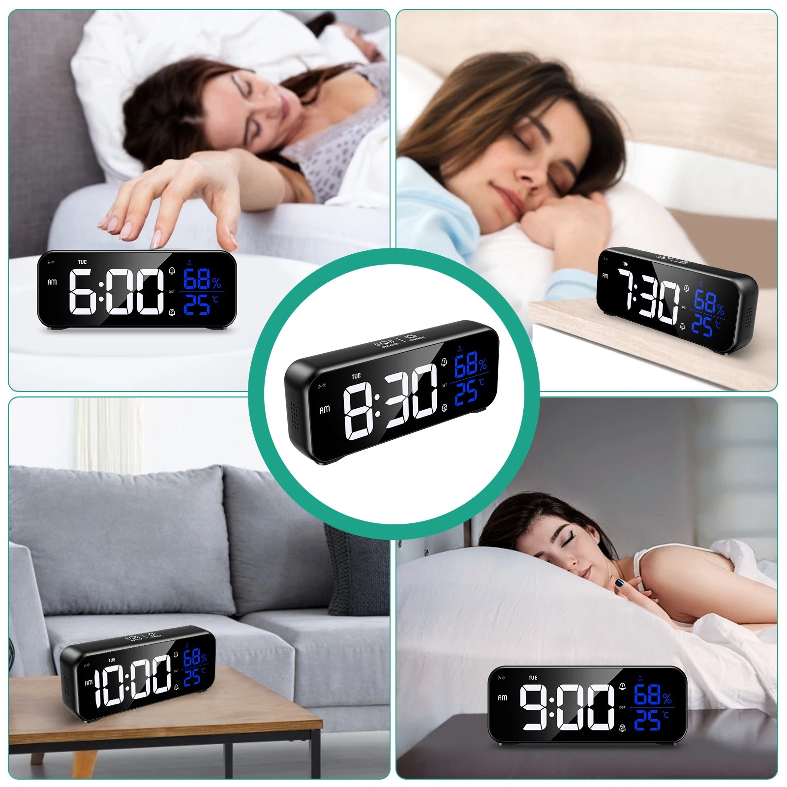 ORIA Rechargeable LED Mirror Alarm Clock with Music, Voice Control & Adjustable Brightness for Home Office Bedroom