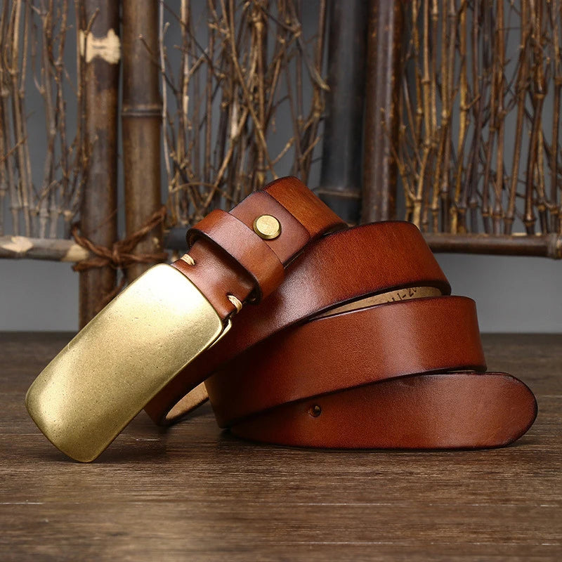 CowLost | 3-3cm-pure-cowskin-men-belt-high-quality-genuine-leather-smooth-brass-buckle-strap |3