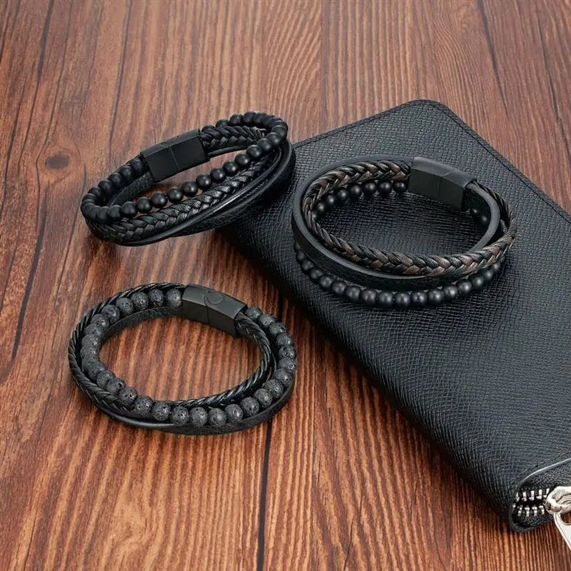 CowLost | fashion-volcanic-stone-beaded-mutilayer-leather-bracelet-for-men |9