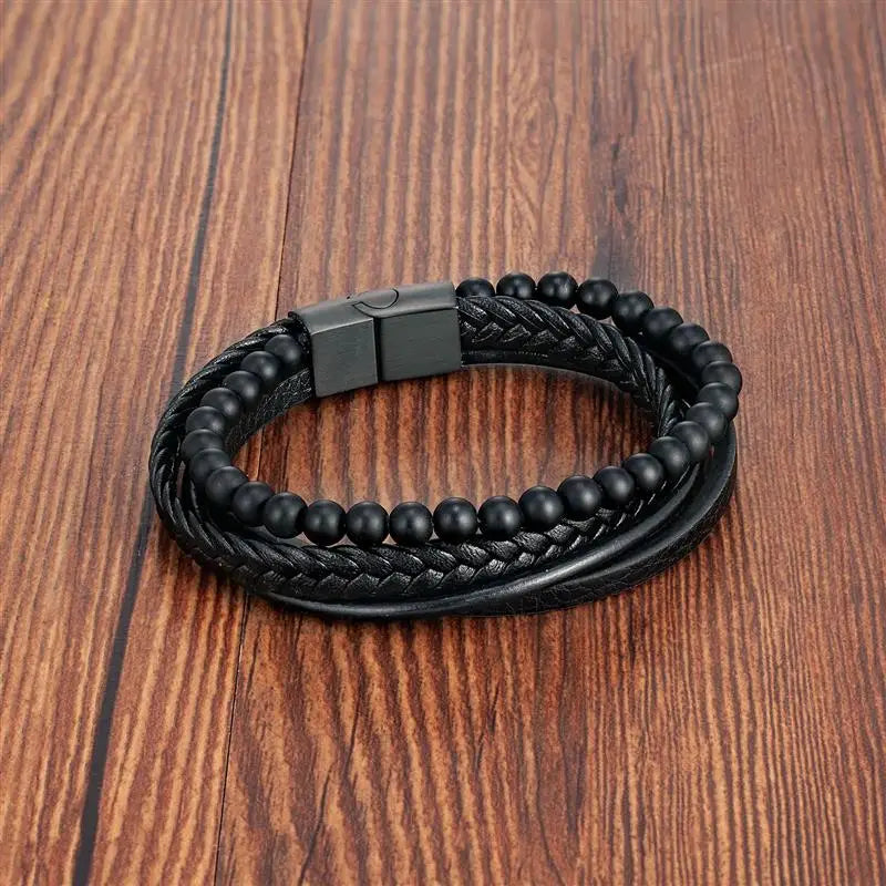 CowLost | fashion-volcanic-stone-beaded-mutilayer-leather-bracelet-for-men |3