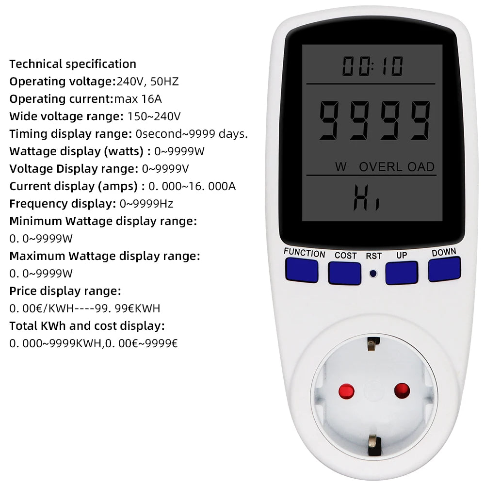 Digital LCD Power Meter Wattmeter Socket 220V AC EU Energy Measuring Outlet with Overload Protection and 7 Display Modes