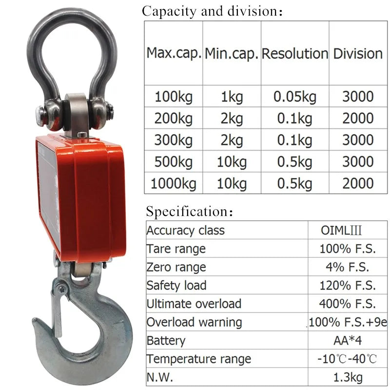 Digital Crane Scale 1000KG 1 Ton 2000lb LCD Heavy Duty Hanging Hook Balance