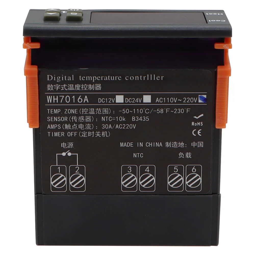 WH7016A Digital Temperature Controller 220V 30A with NTC Sensor for Heating & Cooling