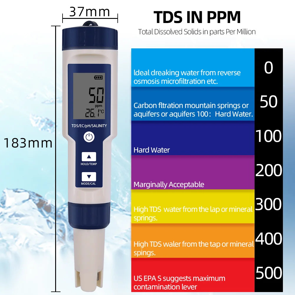 5-in-1 EC TDS Salinity Temperature pH Water Quality Tester with ATC for Food, Beverages, Aquarium, Seawater