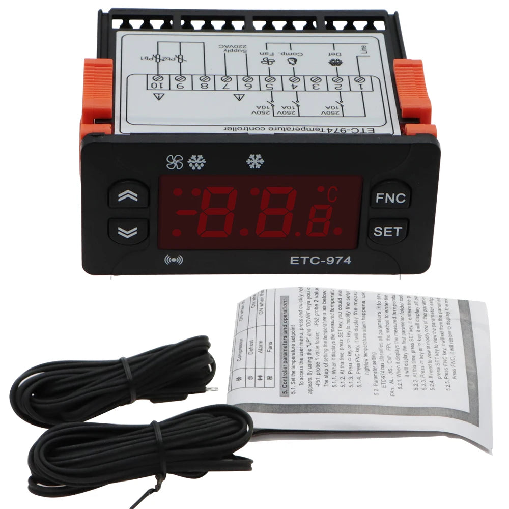 ETC-974 Mini Digital Temperature Controller 220V Thermostat Regulator with Dual NTC Sensors
