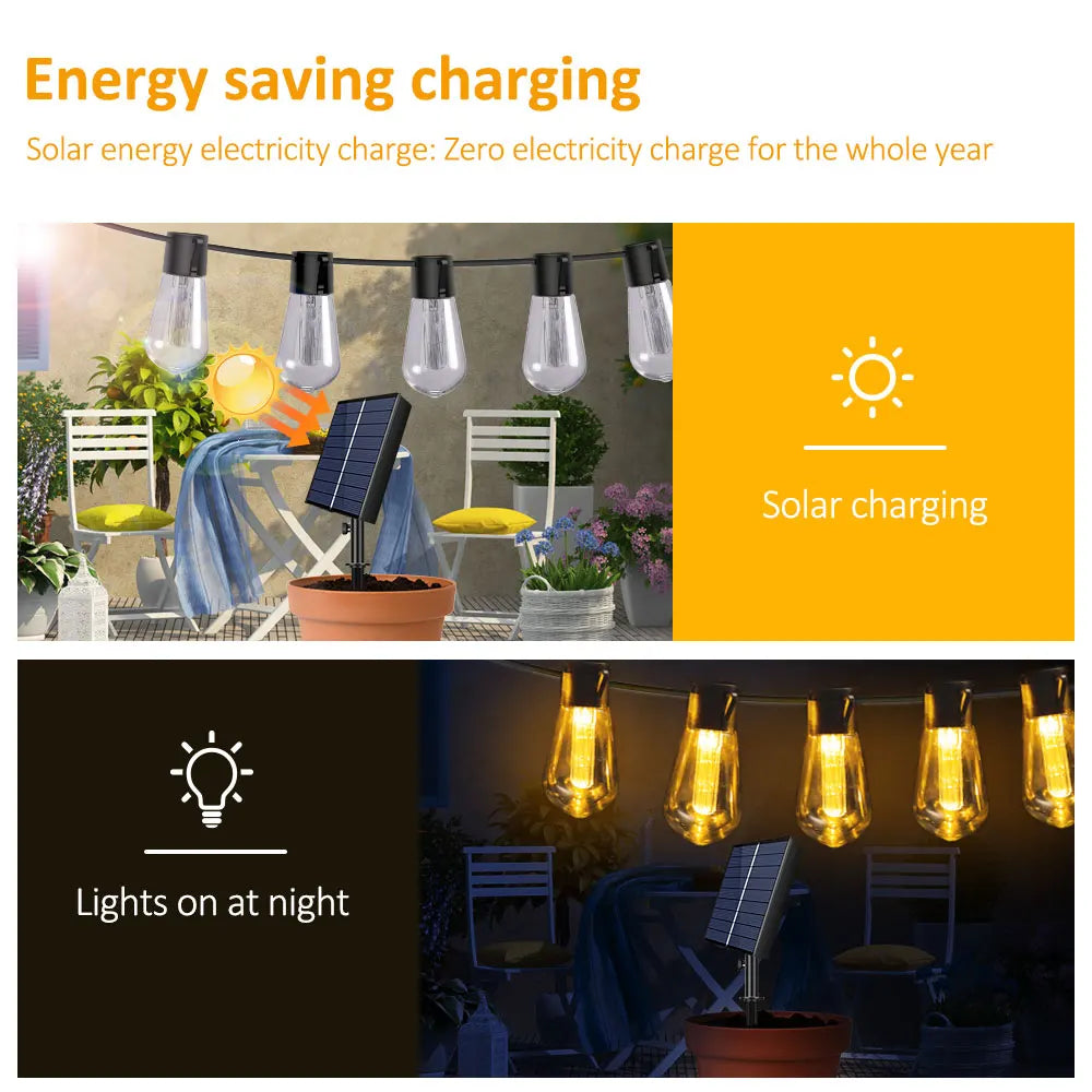 32FT S14 Solar Waterproof Outdoor String Lights with Remote, 8 Modes, Shatterproof Bulbs, High Brightness