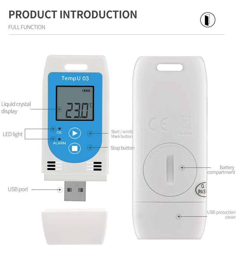 USB Temperature Data Logger Recorder 16000 Points with Built-in NTC Sensor for Warehouse and Refrigerated Transport