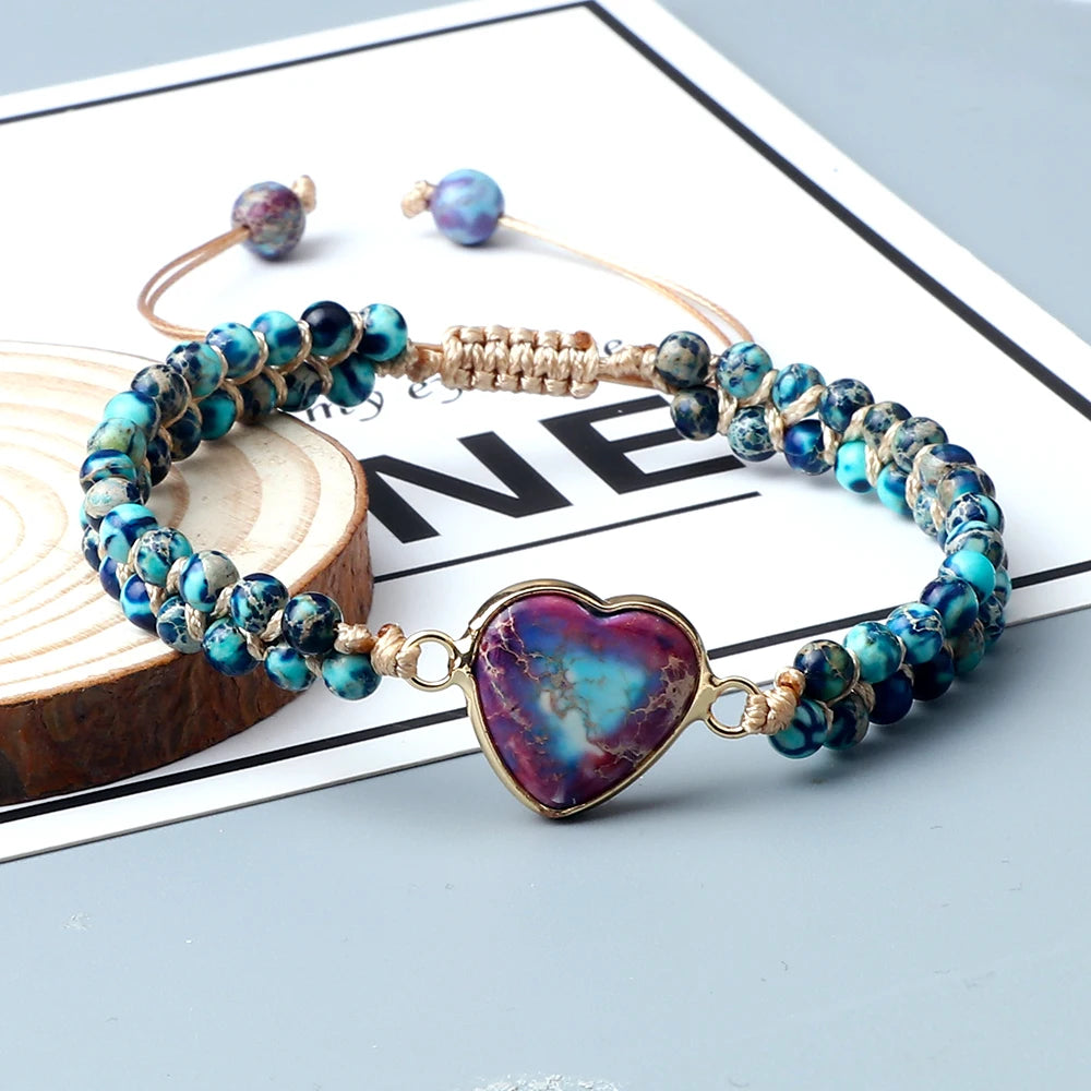 CowLost | badge-pass-holders-natural-stone-heart-shape-charm-bracelet-unisex-adjustable |3
