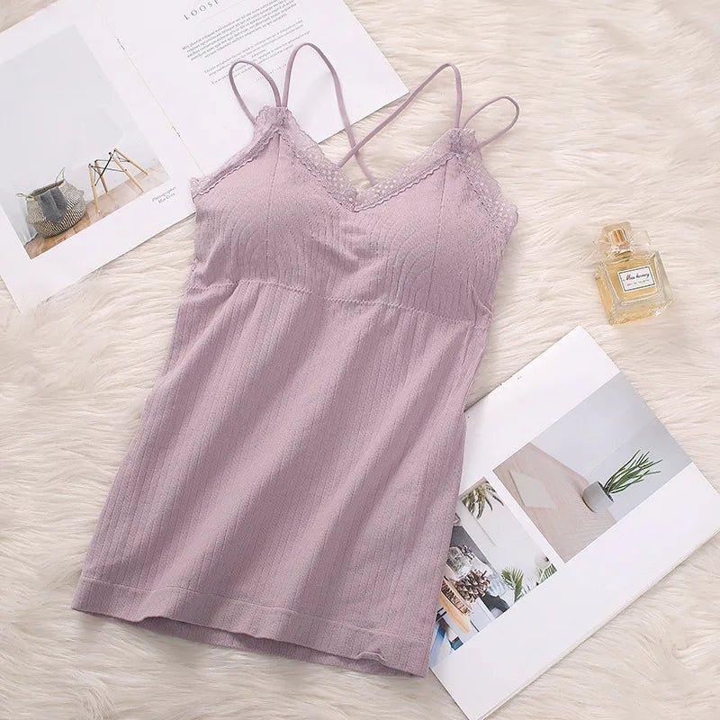 CowLost | product_id-women-seamless-wireless-padded-v-neck-lace-trim-cross-strap-camisole-tank-top |11
