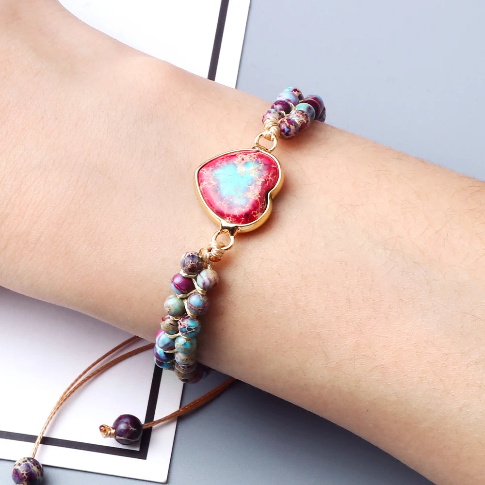 CowLost | badge-pass-holders-natural-stone-heart-shape-charm-bracelet-unisex-adjustable |4