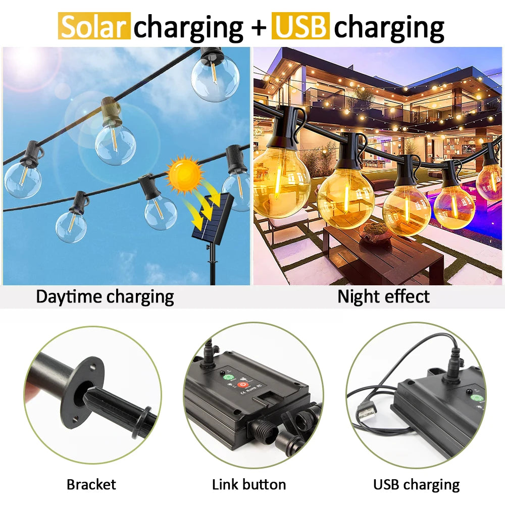 Mexllex 15.5M G40 Solar LED String Lights Outdoor Waterproof with 8 Modes for Patio Balcony Wedding