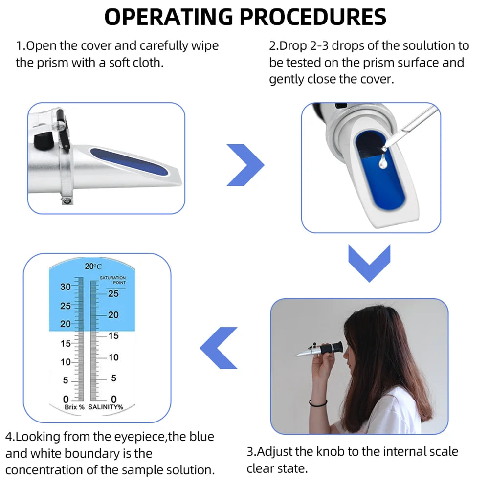Handheld Brix & Salt Refractometer with ATC Dual Scale 0-32% Brix 0-28% Salt for Brine, Fruit, Beer
