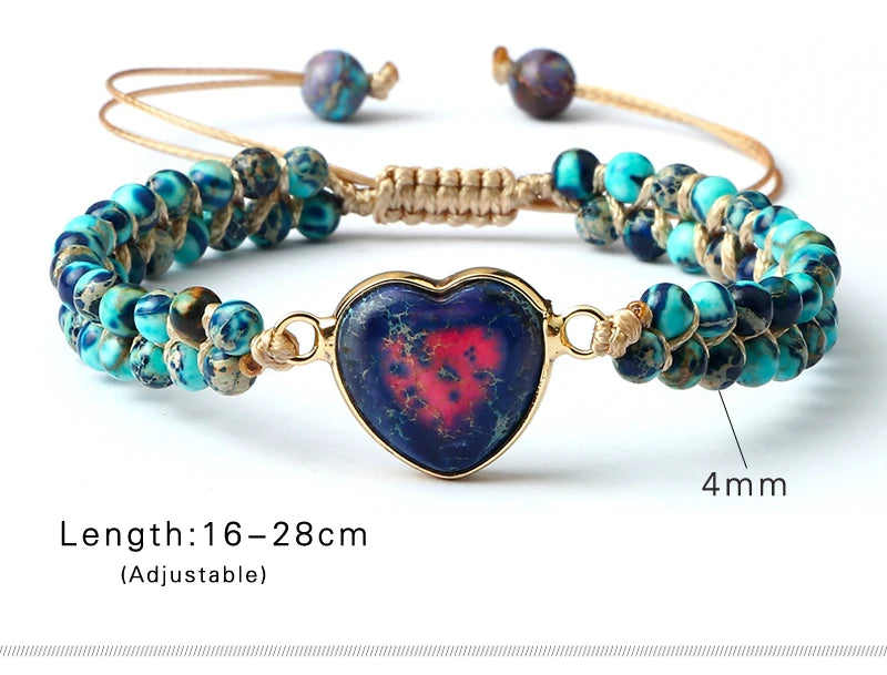 CowLost | badge-pass-holders-natural-stone-heart-shape-charm-bracelet-unisex-adjustable |8