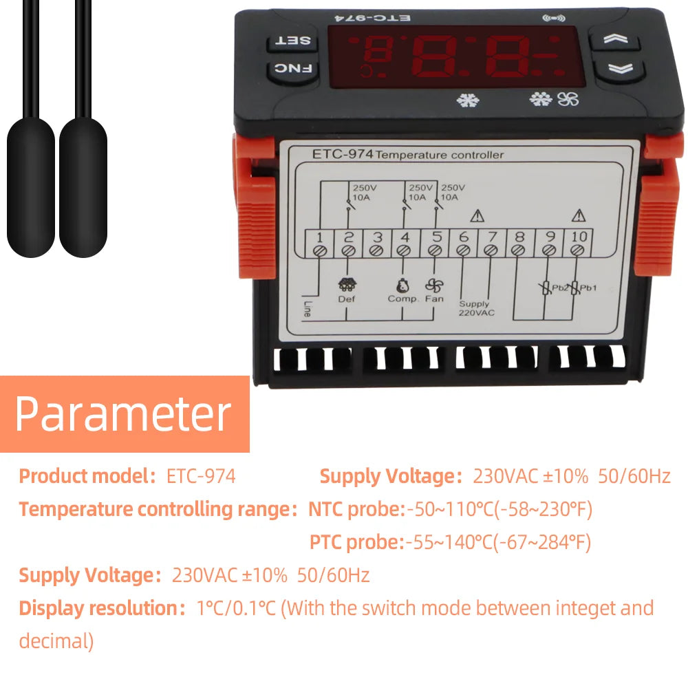 ETC-974 Mini Digital Temperature Controller 220V Thermostat Regulator with Dual NTC Sensors