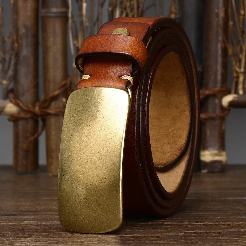 CowLost | 3-3cm-pure-cowskin-men-belt-high-quality-genuine-leather-smooth-brass-buckle-strap |9