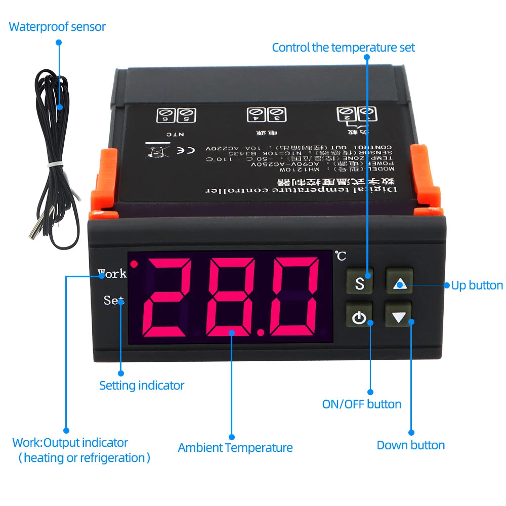 MH1210W Temperature Controller Thermostat -50~110°C NTC Sensor DC12V/24V AC110-220V for Incubator