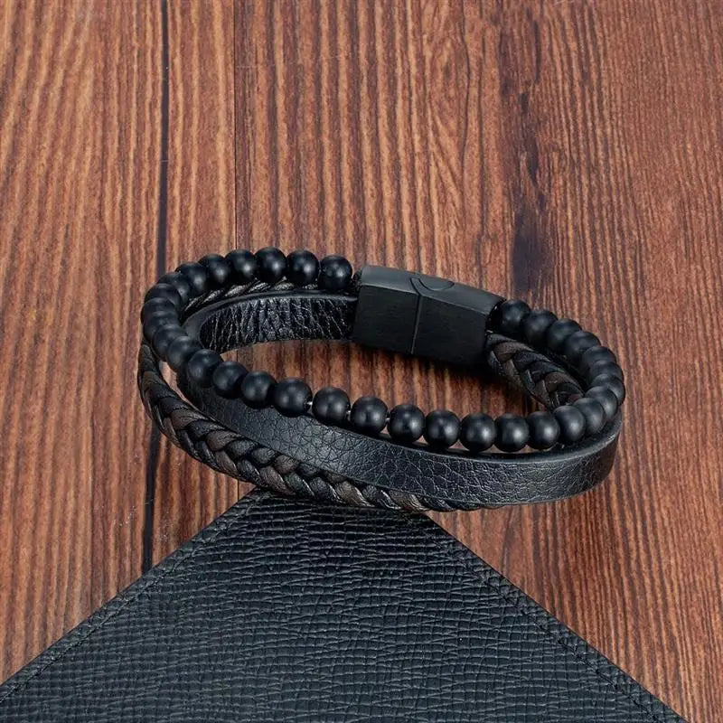 CowLost | fashion-volcanic-stone-beaded-mutilayer-leather-bracelet-for-men |10