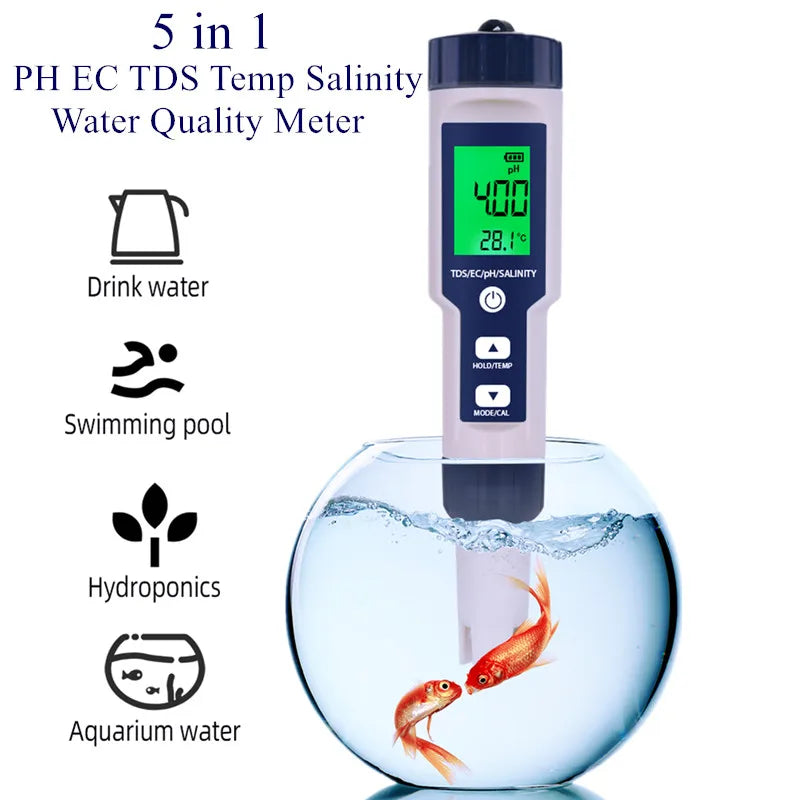 5-in-1 EC TDS Salinity Temperature pH Water Quality Tester with ATC for Food, Beverages, Aquarium, Seawater