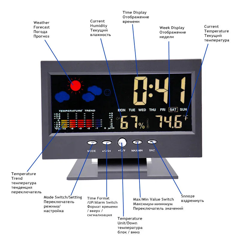 Intelligent Weather Clock with LCD Thermometer, Hygrometer, Alarm, Calendar, Voice-Activated Backlight, Temp & Humidity