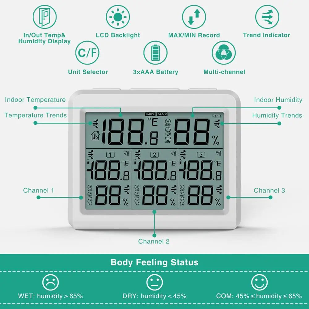 ORIA Digital Wireless Hygrometer Thermometer LCD Indoor Outdoor Temperature Humidity Monitor with Remote Sensor