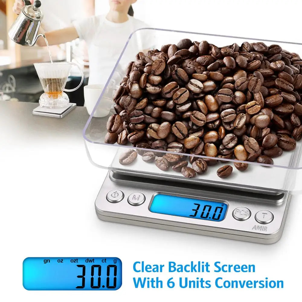 AMIR Digital Kitchen and Jewelry Scale 3kg/0.1g with Backlit LCD