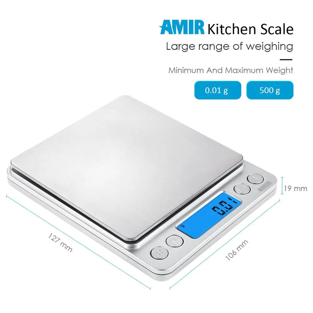 AMIR Mini Digital Kitchen Scale 500g/0.01g Stainless Steel LCD Display