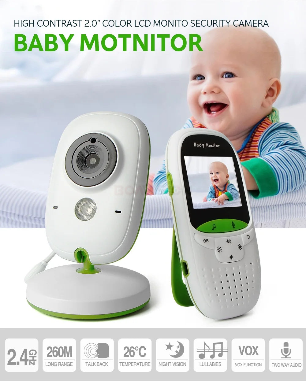 CowLost | baby-monitor-vb602-ir-night-vision-temperature-monitor-lullabies-intercom-vox-mode-video-baby-camera-walkie-talkie-babysitter |7