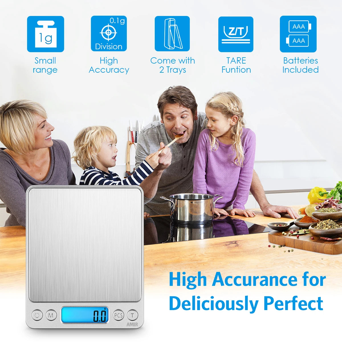 AMIR Digital Kitchen and Jewelry Scale 3kg/0.1g with Backlit LCD