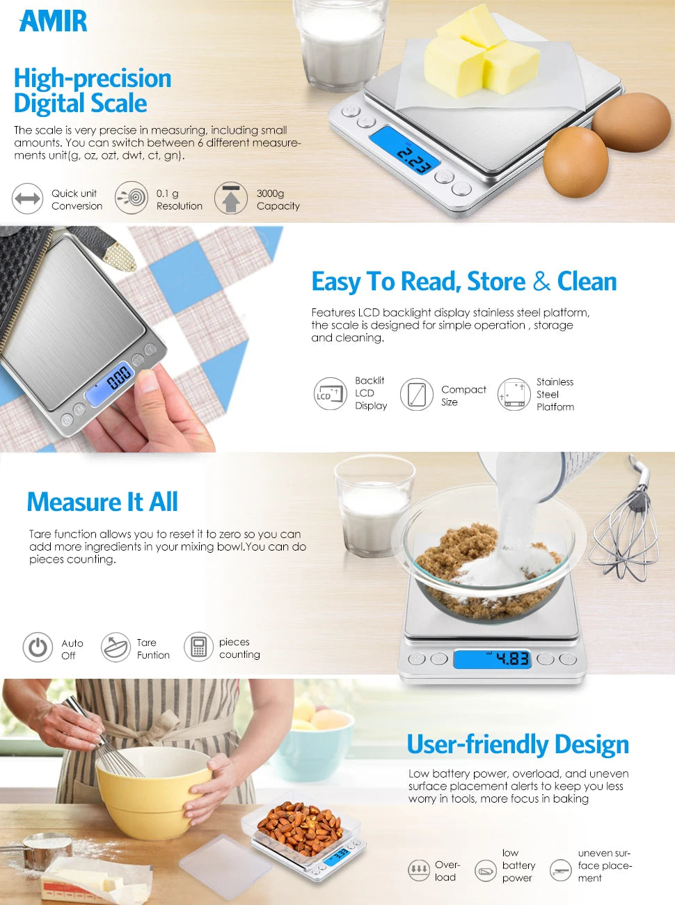 AMIR Digital Kitchen and Jewelry Scale 3kg/0.1g with Backlit LCD