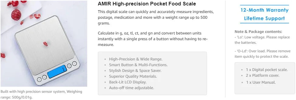 AMIR Mini Digital Kitchen Scale 500g/0.01g Stainless Steel LCD Display