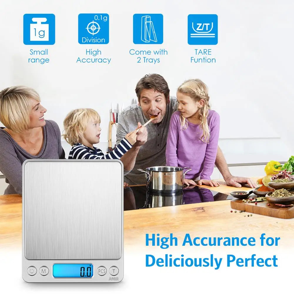 AMIR Digital Kitchen and Jewelry Scale 3kg/0.1g with Backlit LCD