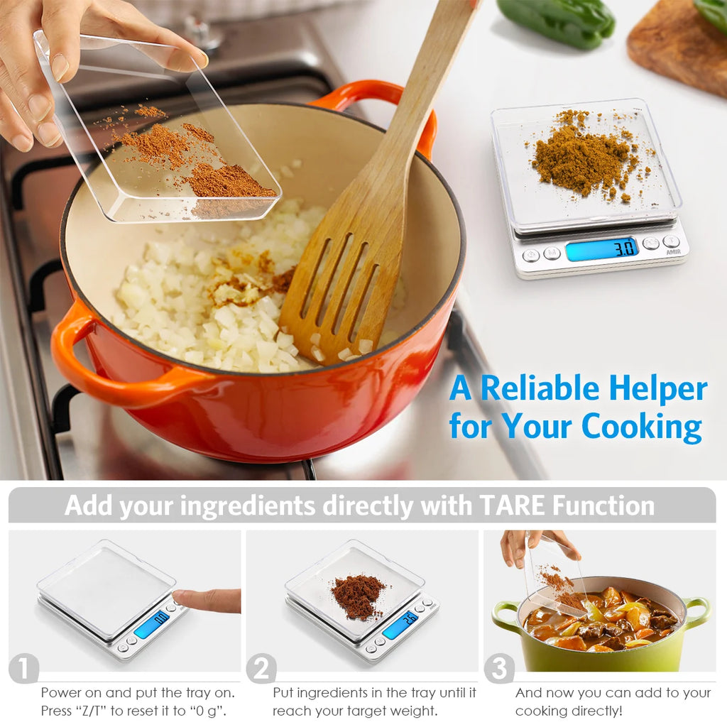 AMIR Digital Kitchen and Jewelry Scale 3kg/0.1g with Backlit LCD