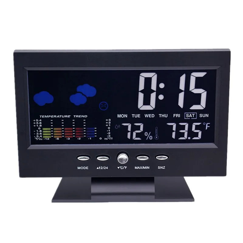 Intelligent Weather Clock with LCD Thermometer, Hygrometer, Alarm, Calendar, Voice-Activated Backlight, Temp & Humidity