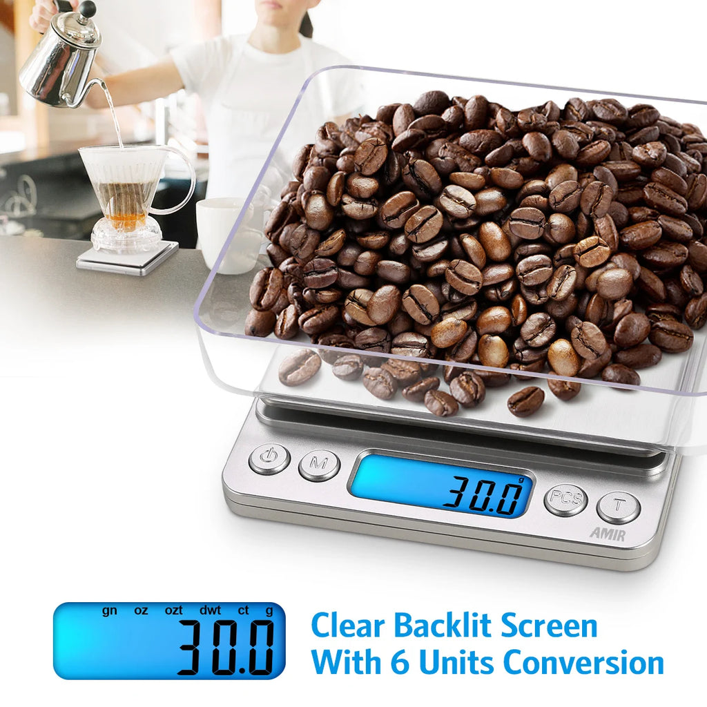 AMIR Digital Kitchen and Jewelry Scale 3kg/0.1g with Backlit LCD