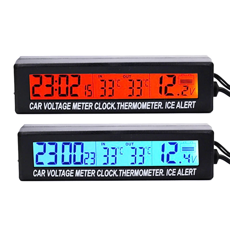 3-in-1 Digital Auto Car Voltage Meter with Temperature Thermometer, Clock, and Ice Alert, Blue Orange Backlight