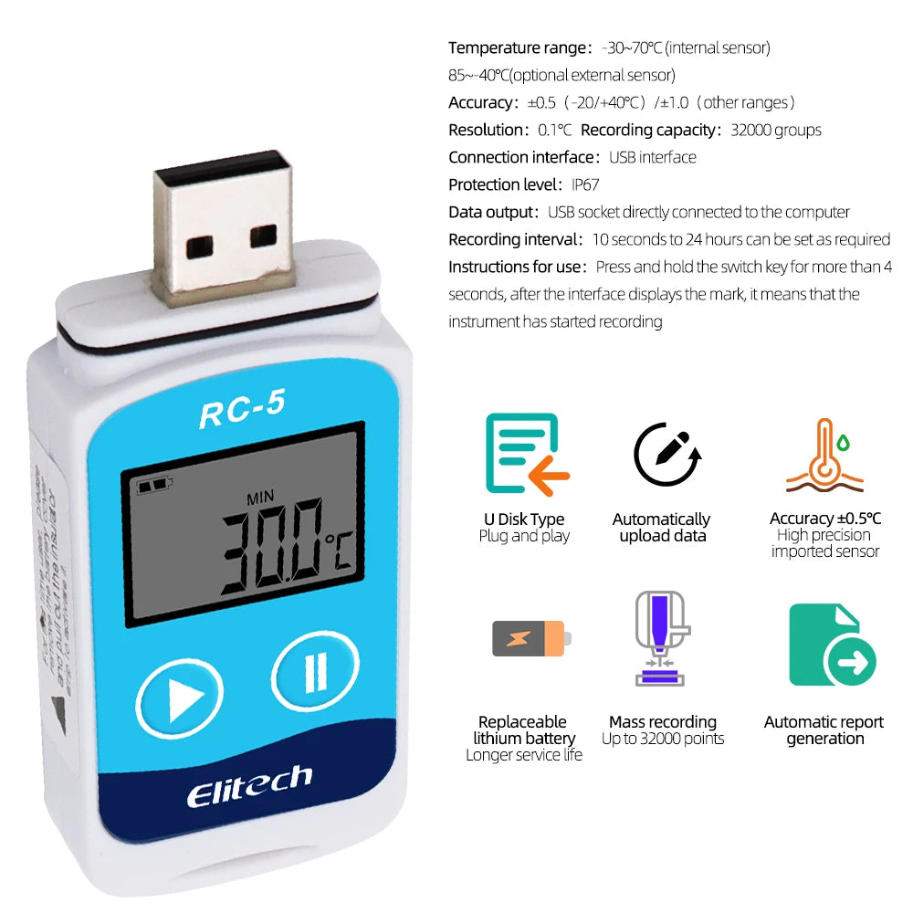 RC-5 USB Temperature Data Logger 32000 Readings High-Precision Recorder