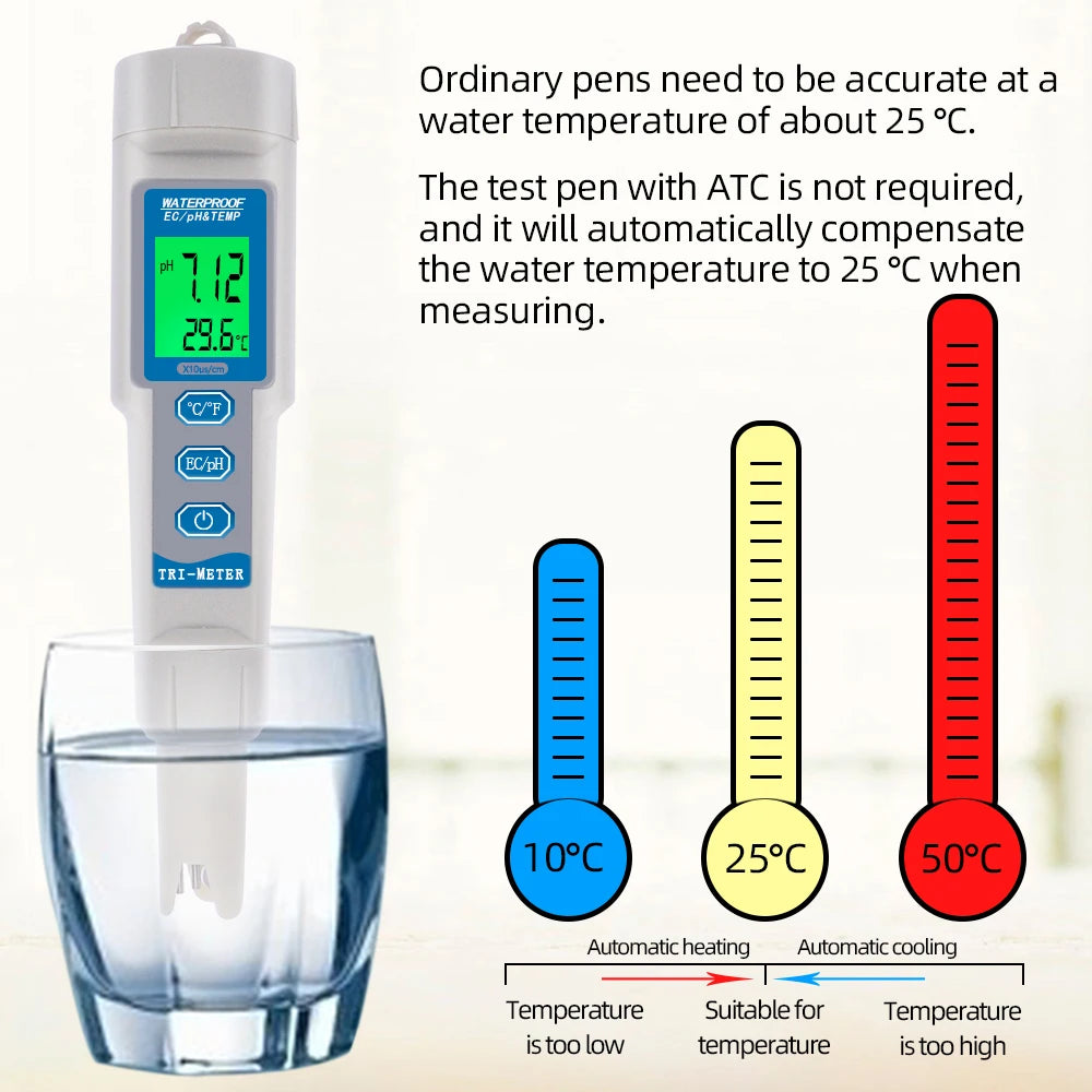 3-in-1 Waterproof Digital PH EC Temp Meter 0.01 with Auto Temperature Compensation for Aquarium