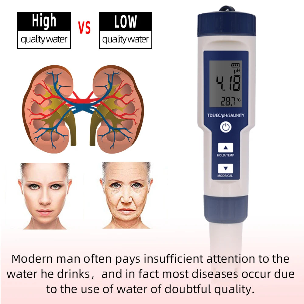 5-in-1 EC TDS Salinity Temperature pH Water Quality Tester with ATC for Food, Beverages, Aquarium, Seawater