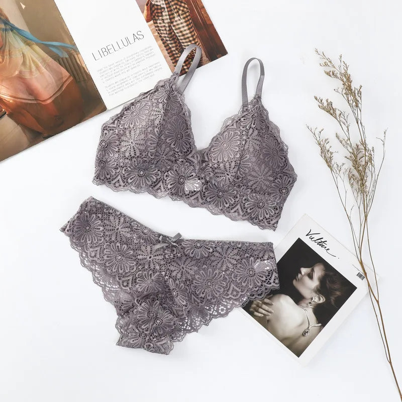 CowLost | product_id-women-floral-lace-wire-free-push-up-bra-and-low-rise-panties-set |12
