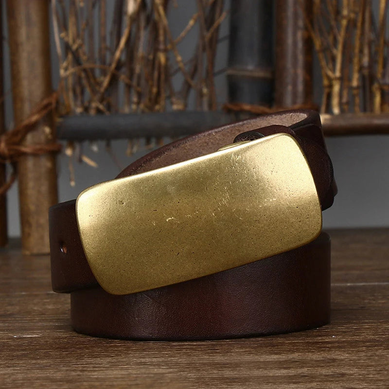 CowLost | 3-3cm-pure-cowskin-men-belt-high-quality-genuine-leather-smooth-brass-buckle-strap |5