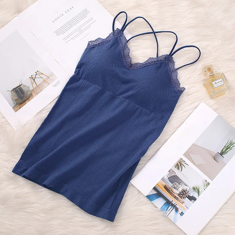 CowLost | product_id-women-seamless-wireless-padded-v-neck-lace-trim-cross-strap-camisole-tank-top |7