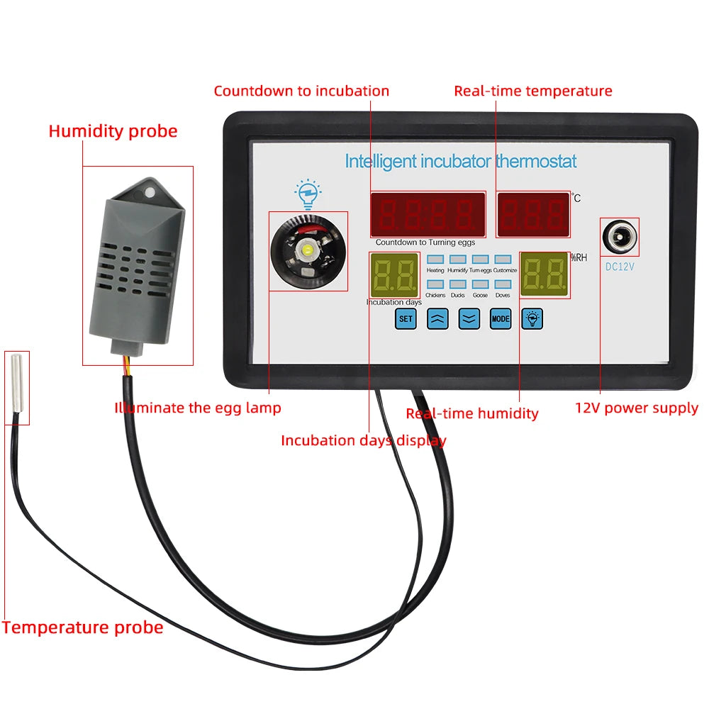 12V/220V Mini Thermostat Incubator Temperature Humidity Controller for Farm Poultry