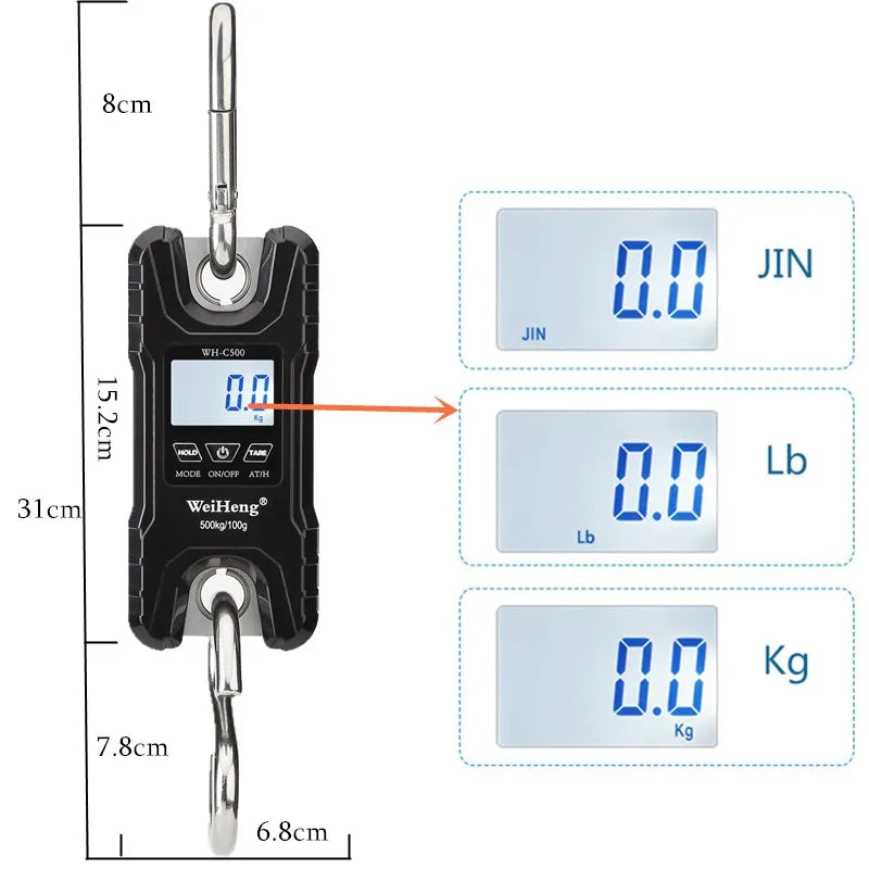 JUANJUAN Digital Crane Scale 300kg-500kg Heavy Duty Hanging Hook Portable Stainless Steel
