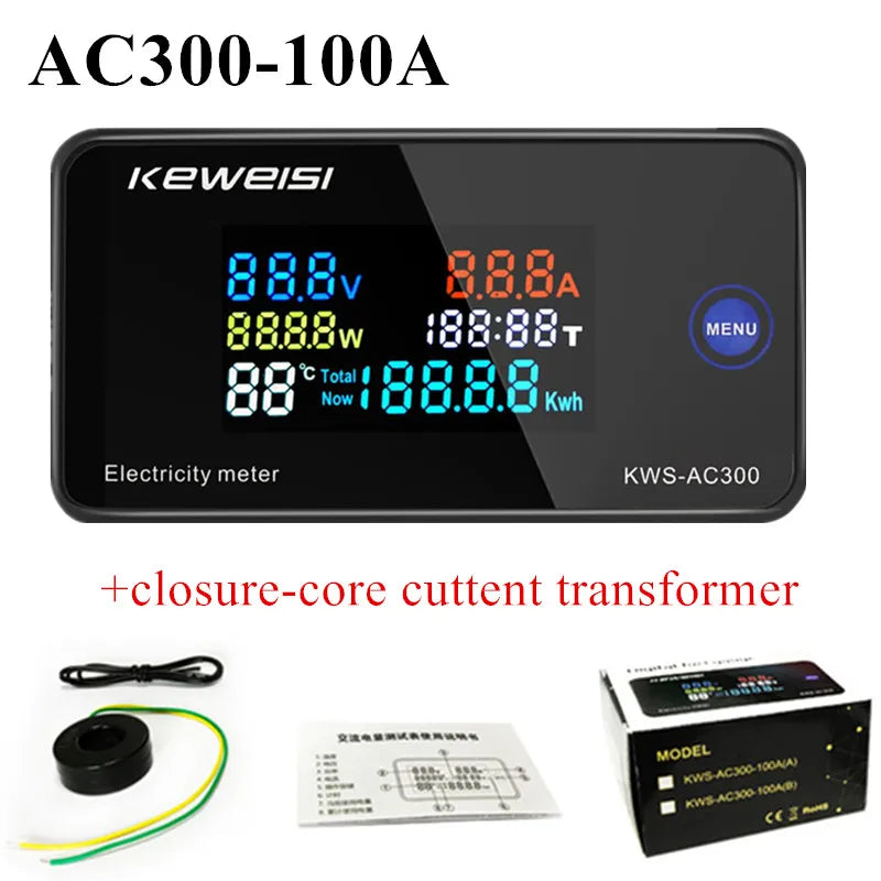 KWS-AC300 AC 50-300V Digital Voltmeter Ammeter Power Energy Meter with Reset 0-100A