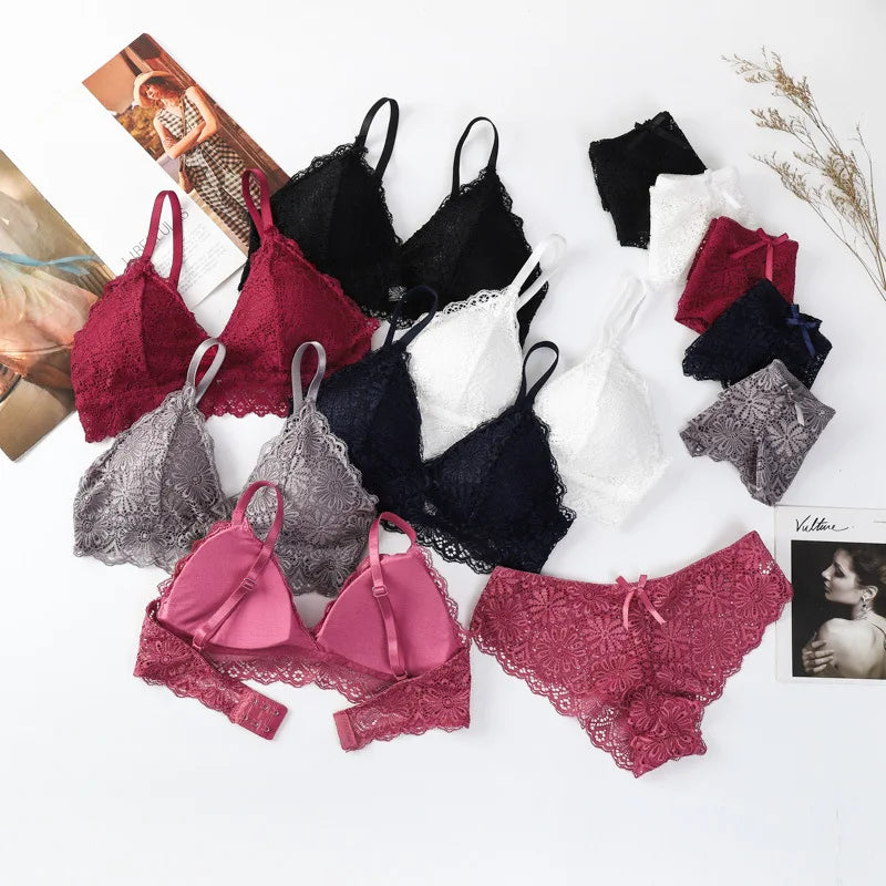 CowLost | product_id-women-floral-lace-wire-free-push-up-bra-and-low-rise-panties-set |6
