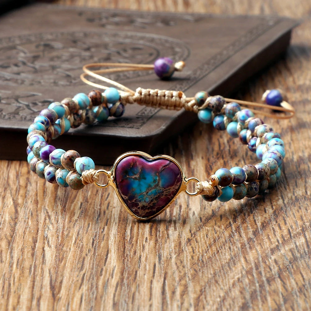 CowLost | badge-pass-holders-natural-stone-heart-shape-charm-bracelet-unisex-adjustable |1